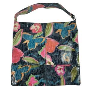 HOBO International Large Tote Shoulder Handbag Patent Leather Floral Blue RARE